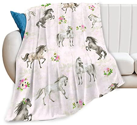 Horse Blanket Gifts for Girls Women Western Horses Flowers Animal Fleece Flannel Throw Blankets Soft Lightweight Horse Plush Stuff Pink Throws for Kids Adults Bed Sofa Decor 50x40