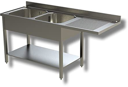 Ristoattrezzature Lavello in Acciaio Inox - Professionale, per Cucine Ristoranti e Pizzerie - 2 Vasche, Gocciolatorio a Sbalzo a Dx - 160x70x85h