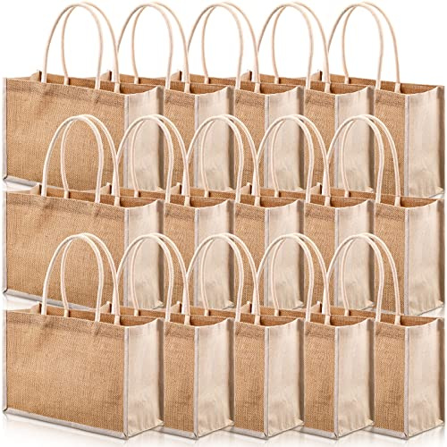 Reginary 16 Pcs Jute Tote Gift Bags Natural Burlap Grocery Shopping Bag Beach Tote with Handle for Bridesmaid Wedding Travel(Beige Trim)
