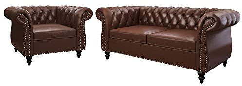 ORRD 2 Piece Living Room Set, Chesterfield Leather Sofa Couch Chair with Scroll Arms and Nailhead for Living Room, Office (Dark Brown)