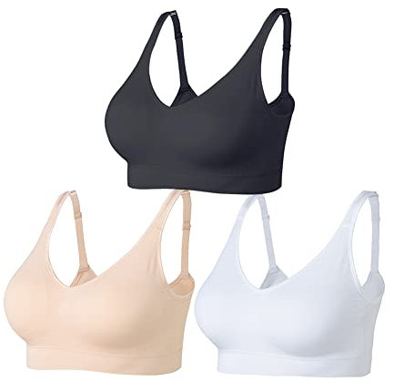 Amazingjoys Non Wired Bras for Women Seamless Wireless Bras with Removable Pads 3 Pack,Black+White+Beige,XL (AMS33)