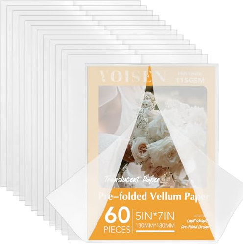 VOISEN 60Pack Vellum Jackets for 5x7 Invitations,115GSM Pre Folded Vellum Wraps, Wedding Birthday Invitation Vellum Paper, Transparent Wedding Invitation 5x7 Vellum Jackets