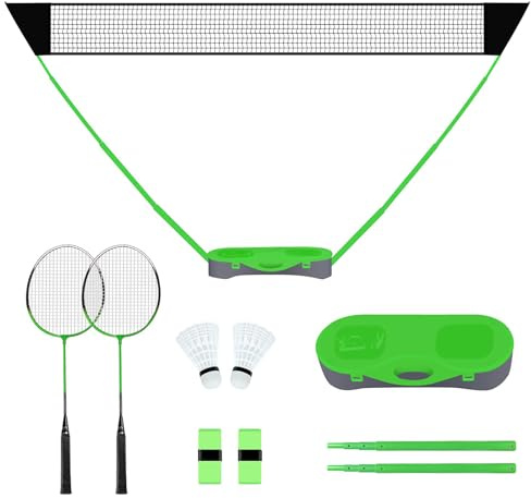 FBSPORT Portable Badminton Net Set with Freestanding Base, 2 Badminton Rackets 2 Shuttlecocks and 1 Net, for Outdoor Indoor Sports, Easy Setup Net
