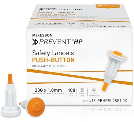 McKesson Prevent HP Sterile Push Button Safety Lancets, 28G x 1.0 mm Depth [100 Count] - Auto Retracting Blood Glucose Testing Lancets, Single Use, Orange