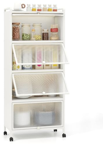 COSTWAY Armoire Cuisine 5 Niveaux, Étagère Cuisine 4 Portes PC Escamotables avec 4 roulettes, Étagère Micro-Ondes pour Salle à Manger, Salon, 60 x 32 x 154 cm (Blanc)