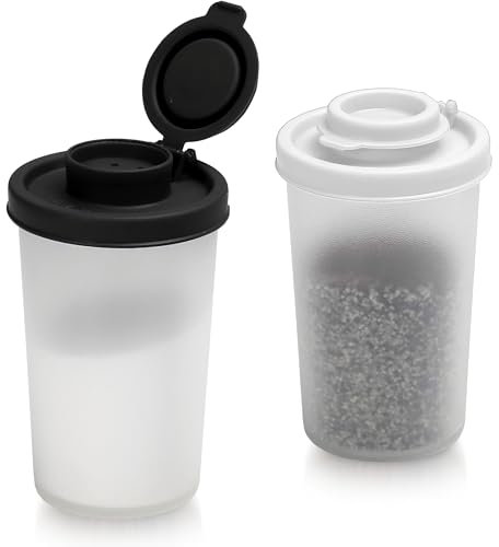 SIGNORAWARE Salt and Pepper Shakers Moisture Proof Set of 2 Large Salt Shaker to go Camping Picnic Outdoors Kitchen Lunch Boxes Travel Spice Set Clear with Red Covers Lids Plastic Airtight Dispenser