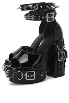 Frankie Hsu Sandalias góticas de tacón alto con plataforma gruesa y sexy, color negro, charol plateado, remaches góticos oscuros, punk Y2K, zapatos de tobillo grandes para mujeres y hombres, Negro -,