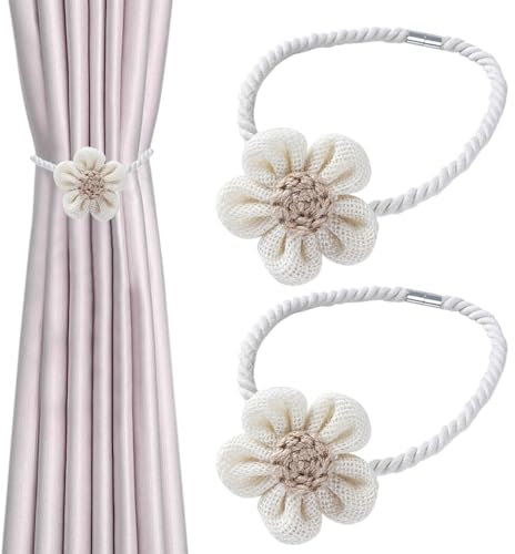 2er Set Magnetische Vorhang Raffhalter - Blumen Vorhanghalter für Boho Deko - Magnetische Gardinen Raffhalter - Einfach und Elegant - Beige Seil - Haus Dekoration