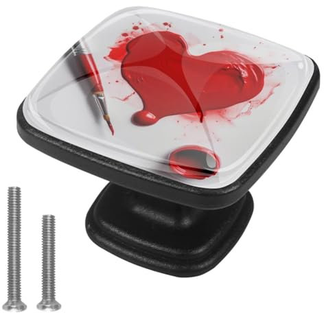 Enhance Your Kitchen and Living Room Décor with This Set of 4 Black Cabinet Knobs, Stylish Patterned Square Drawer Handles, Red Heart Paint Pattern
