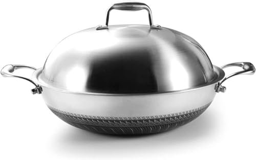 Edelstahl-Wok mit Deckel, Induktions-Wok, antihaftbeschichtet, Hot-Pot-Woks, Bratpfannen mit Doppelring, Kleiner/großer Wok, geeignet für alle Herde, kein öliger Rauch, Woks (42 cm)