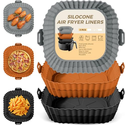 3 Pack Air Fryer Liners Silicone, Reusable Air Fryer Accessories Food Grade Square Silicone Greaseproof Airfryer Baking Tray Basket Replacement of Parchment Paper Home Kitchen Gadgets Essentials BBG