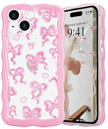 L-FADNUT Bow Case for iPhone 14, Curly Wavy Frame Cute Girly Bow Ribbon Pretty Phone Case, Soft Wave Clear Slim Silicone Shockproof Anti-scratch Cover for Women Girl, Pink Bow