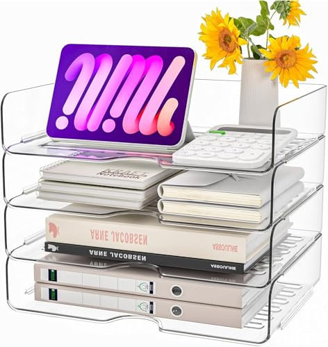 LATERN 4 Stück Papier Organizer Briefablagen, Acryl Stapelbare A4-Papierablage Transparenter Dokumentenhalter Schreibtisch Organizer für Bücher Notizen Papier Zuhause Büro Schule Organisieren