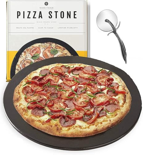 Round Pizza Stone, 15 Inch Pizza Pan for Oven, Stovetop, Grill, or Campfires, Non-Stick, Even-Heating, Durable Baking Pan, Black