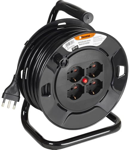 BTICINO Avvolgicavo S2625, Prolunga Elettrica 25 Metri, 4 Prese Polivalenti Schuko Bipasso, Spina Grande 16A, Interruttore Termico, Maniglia Ergonomica, Ferma Cavo e Avvolgicavo, Full Black