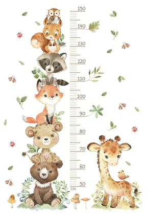 Medidor Niños Pared, Vinilo Pared Infantil con Diseño de Animales del Bosque, Gráficos de Crecimiento 50-150 cm, Adecuado para Decorar Habitaciones de Niños y Niñas