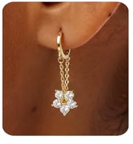 MUMREUES Gold Earrings for Women Trendy 14K Gold Plated Dangly Earrings Small Huggie Hoop Earrings Simple Cubic Zirconia Flower Dangle Earrings Hypoallergenic Drop Chain Earrings Jewelry Gifts