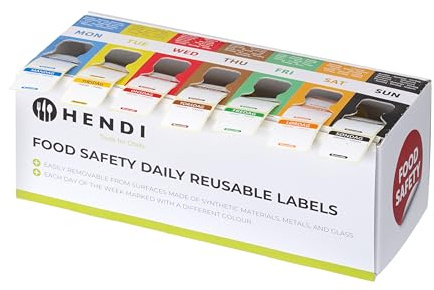 HENDI Set d’étiquettes journalières de sécurité alimentaire avec distributeur, 7 rouleaux de 1000 étiquettes, 25x25mm, 240x80x(H)100mm