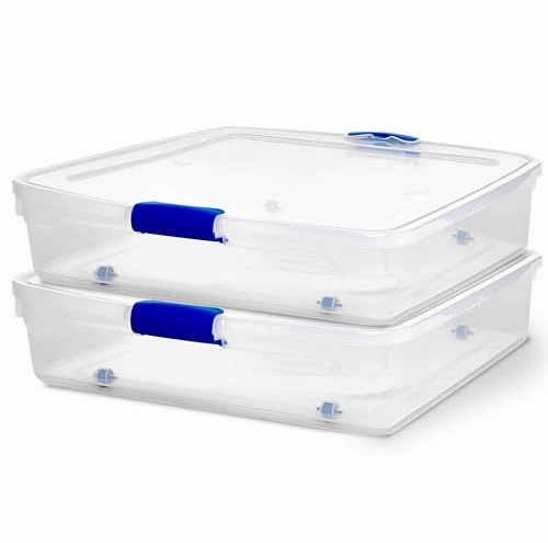 HOMZ 2-Pack Under Bed Storage, Clear Plastic Containers with Lids, 56 Quart, Blue Latch - Stackable Underbed Organizer Bins for Shoes, Bags, Clothes, and Towels