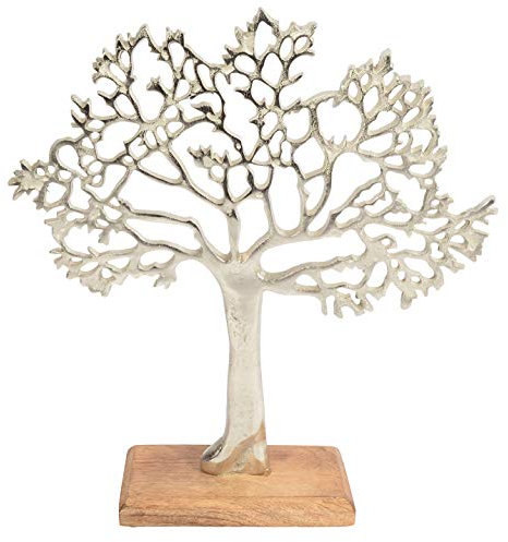 CHICCIE Metall Baum Figur Silber Auf Mango Holz 28cm - Lebensbaum Dekobaum Geldbaum