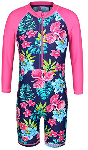 ZNYUNE Mädchen Einteiler Langarm Badeanzug Stoffdruck Kinder Schwimmanzug 337 NavyFlower 140/146