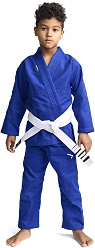 Ippon Gear BJJ GI Brazilian Jiu Jitsu Kinder/ Einsteiger Anzug inkl weißem Gürtel [Größe M0 I Pearl-Weave Material I 350gr/m² Stoffdichte I Reißfest] blau