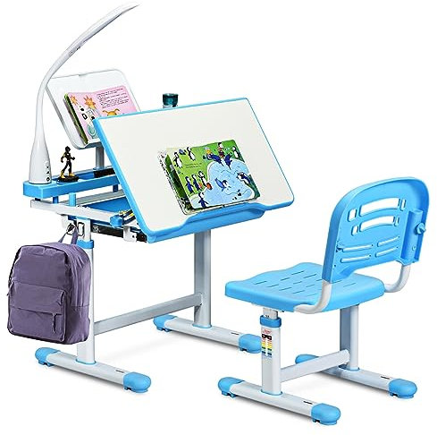 COSTWAY Kinderschreibtisch höhenverstellbar, Schülerschreibtisch mit Lampe, Kindermöbel neigungsverstellbar, Kindertisch mit Stuhl, Schreibtisch mit Schublade, Farbewahl (Hellblau)