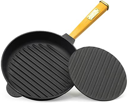4BIG.fun Poêle grill 24 cm avec couvercle presseur | Poêle ronde avec couvercle à pression | Poêle à steak en fonte | Poêle et presse à steak pour barbecue à gaz, four, foyer, tous feux avec induction