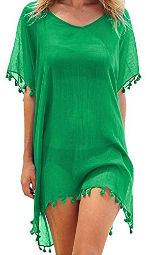 Edhomenn Women Chiffon Beachwear Tassel Bikini Cover Up Short Beach Dress Solid See-Through Swimsuit Summer Casual Swimwear (Green, One Size)