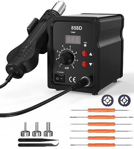 FAOKZE Estación de soldadura de aire caliente 700W,858D Hot Air Soldering Rework SMD Station 100°C-480°C,estación de soldadura con accesorios con 3 nozzles,2 pinzas,2 rollos de hilo para soldar.