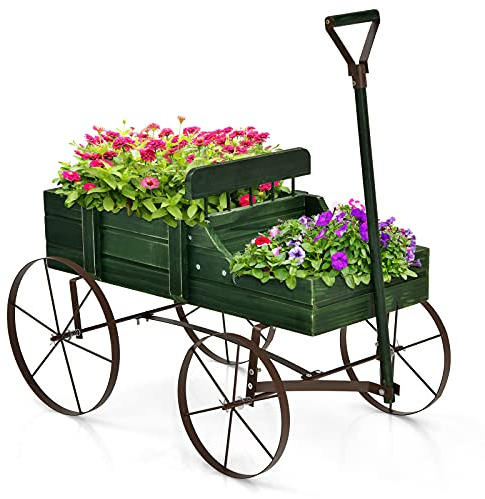 GiantexUK Wooden Wagon Garden Planter, Flower Cart with Long Handle and Flexible Wheels, Outdoor & Indoor Decorative Wheelbarrow Flower Pot Stand (Green)