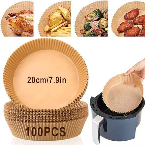 Air Fryer Liners, 100PCS Air Fryer Disposable Paper Liners, 7.9in Round Non-Stick Baking Parchment Paper, Multipurpose Oil-Proof Water-Proof Air Fryer Accessories for 5-7L Airfryer