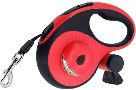 MoYouno Hundeleine,einziehbare Hundeleine mit Kotbeutelhalter,robuste Haustierleine,langlebig, automatisch,ausziehbar, Hundetrainingsleine,Flutlicht für Spaziergänge mit-rot
