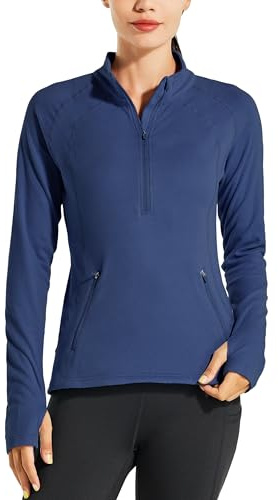 Willit Veste de course à pied en polaire thermique pour femme - Chemise d'équitation - Manches longues - Demi-fermeture éclair - Équipement d'hiver, bleu marine, S