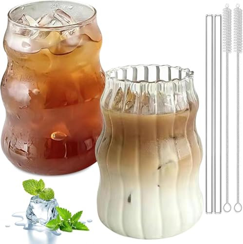 2 vasos acanalados, 530 ml, vasos de burbuja con pajitas de cristal, vasos para latte macchiato, vasos de cóctel, vasos de café helado, vasos largos con cepillos utilizados para cócteles, leche, agua,