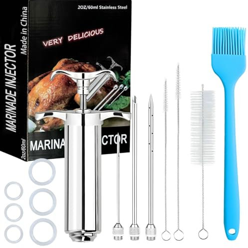 PEOUWNES Kit siringa iniettore di carne in acciaio inossidabile 304 con 3 aghi per marinata per barbecue, affumicatore, tacchino, petto, manzo, pesce, grande capacità, spazzola in silicone e spazzola