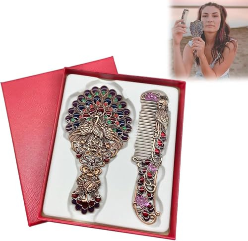 Caduola Ensemble peigne et miroir vintage exquis avec paon et strass, miroir de poche vintage, miroir à main en métal antique (B)