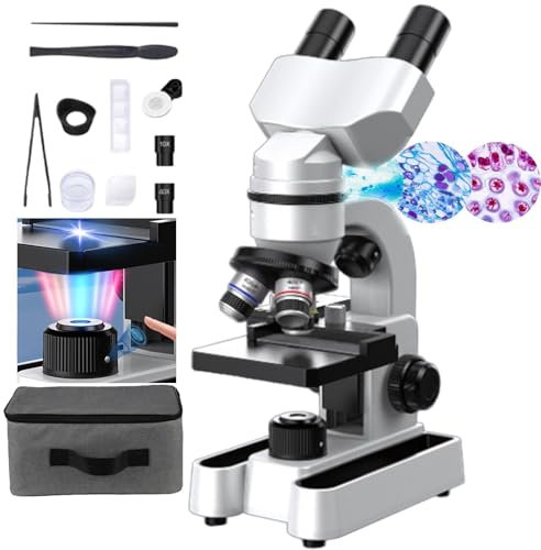 Microscopio Binoculare Composto, Microscopio Professionale 40x-1600x, Oculari Wf10x E Wf40x, Illuminazione Led A 7 Colori E Rotazione A 360°, Microscopio Per Adulti/Bambini/Studenti,White