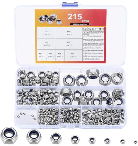 215 Stk Sechskantmuttern Set, Selbstsichernde Muttern, Sicherungsmuttern, Edelstahl Stoppmuttern, Stopmuttern für Schrauben Unterlegscheiben Gewindestangen, M2 M3 M4 M5 M6 M8 M10 M12 Muttern Set
