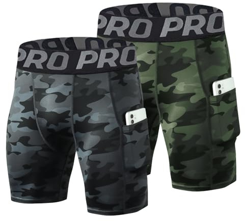 LNFINTDO Lot de 2 shorts de compression pour homme - Sous-vêtements fonctionnels - Short de sport - Short de course - Séchage rapide - Respirant - Avec poche pour téléphone portable, Camouflage noir +
