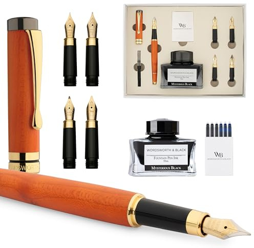 Wordsworth och svart reservoarpenna presentpaket, inkluderar bläckflaska, 6 bläckpatroner, bläckpåfyllningsomvandlare, 4 ersättningsspetsar, lyxig bambu, journaling, kalligrafi, släta skrivpennor