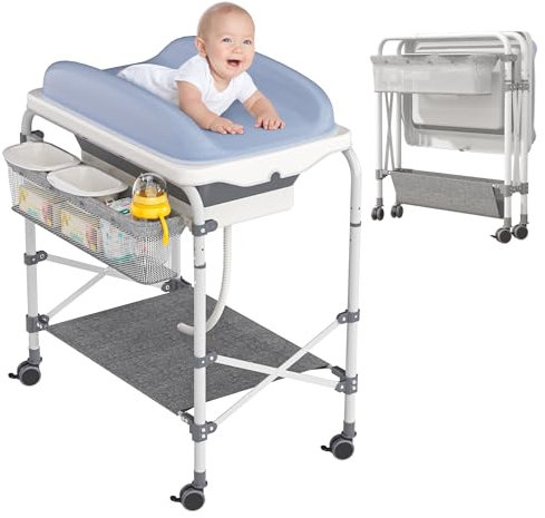 SUBTLETY 2 in 1 Wickeltische mit Badewanne, Hängekorb & Offener Ablage Klappbare Wickelkommoden Mobile Bade-Wickelkombination für Baby- & Kleinkinderzimmer Belastbarkeit bis 50KG Windeln Wechseln