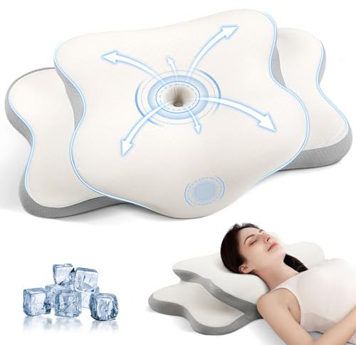 JINXIA Cervical Memory Foam Pillow, Ergonomic Pillow for Neck and Shoulder Pain Relief, Orthopedic Neck Support Pillow for Side/Supine/Prone Sleepers with Removable Cover, Light White and Gray