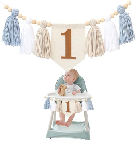 GlamRays Boho 1st Birthday High Chair Banner Party Decor for Girls and Boys Baby Shower Wall Hanging Decoration for Nursery (Blue and White)