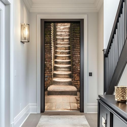 Tizhweqo Pegatina Puerta Piedra Pegatinas para Puertas Escaleras Adhesivo Vinilo 3D Puerta Pegatina Pared Murales Papel Pintado Poster para Sala de Baño Decorativos 77x200 cm c2980