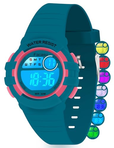 Facasu Reloj Digital Niños Niñas,Luz Colorida,Resistente al Agua hasta 50m Deportivo para Exteriores,con cronómetro,Alarma y Funciones de 12/24 h.Regalo para niños de 4 a 15 años (Azul Marino-N)