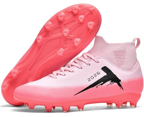 Kmrlofiy Fotbollsskor herr High Top Spike Cleats professionella fotbollsskor pojkar barn utomhus atletiska skosnören sportskor träningsskor, ROSA, 35 EU
