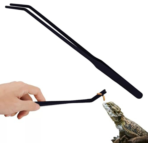 ZORVYN 1 Stück Aquarium Pinzette Set, Lange Reptilien Futterpinzette aus Edelstahl, Schützende Finger Pinzette für Reptilien und Wasserpflanzen (27cm Gebogene) (Schwarz)
