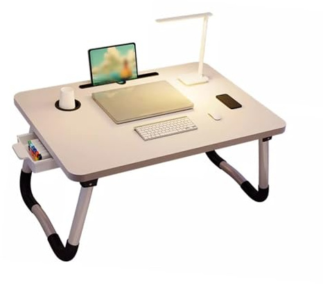 OVAQUIXI Bureau de Lit Pliable et Portable pour Ordinateur Portable, Plateau avec Porte-gobelet, Tiroir pour canapé, Lecture, Manger, Multifonctionnel, Idéal pour Travailler, étudier, écrire au Lit,