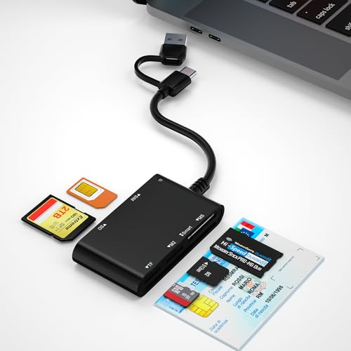 USB C USB A Sim Card Reader Smart Card Reader, 6 in 2 CAC Reader DOD Military/SIM/SD/TF/MS Pro Duo/M2/ID/IC/PIV Card, SIM Card Reader for Windows,Linux,MacOS
